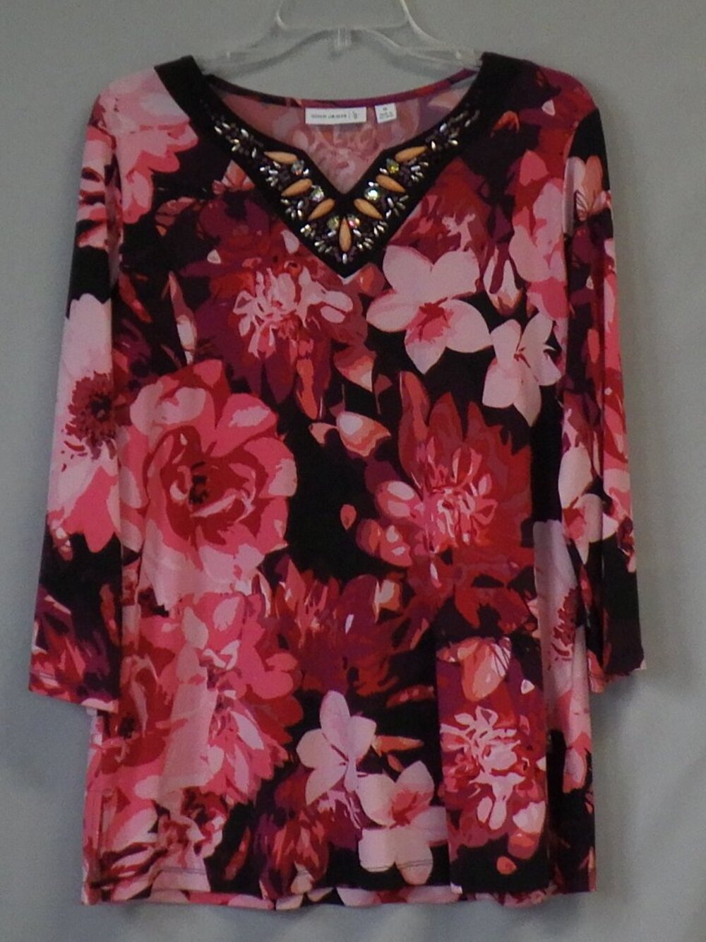 Susan Graver Floral Top with Jewel Neckline